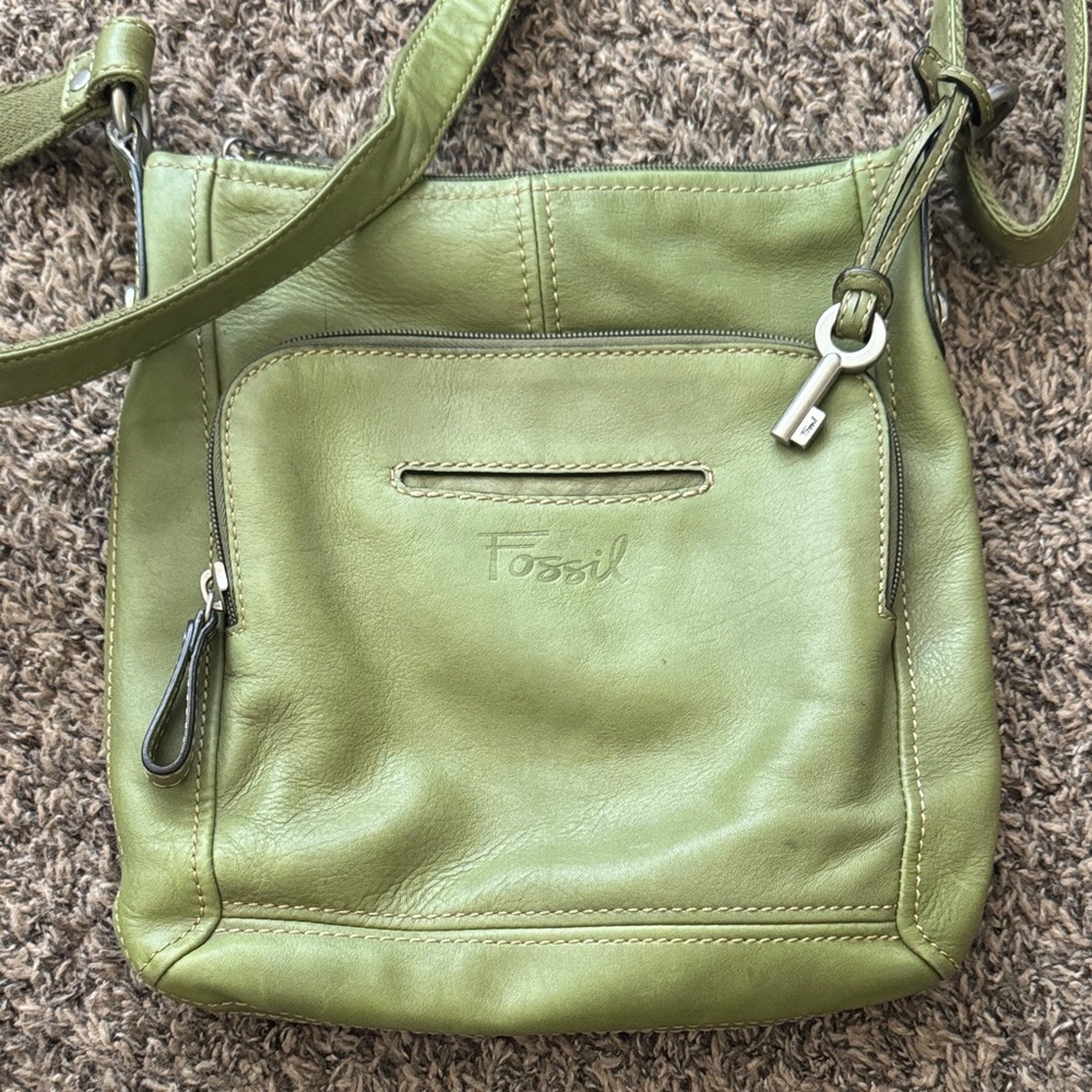 Fossil Light Olive Green Leather Crossbody Bag